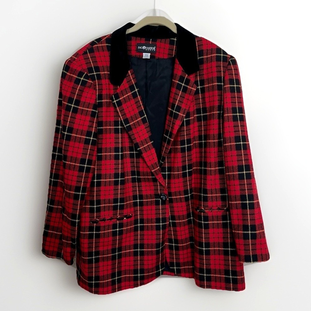 VTG Red Plaid Blazer Black Velvet Collar 20W Wool Blend SAG Harbour Woman Preppy